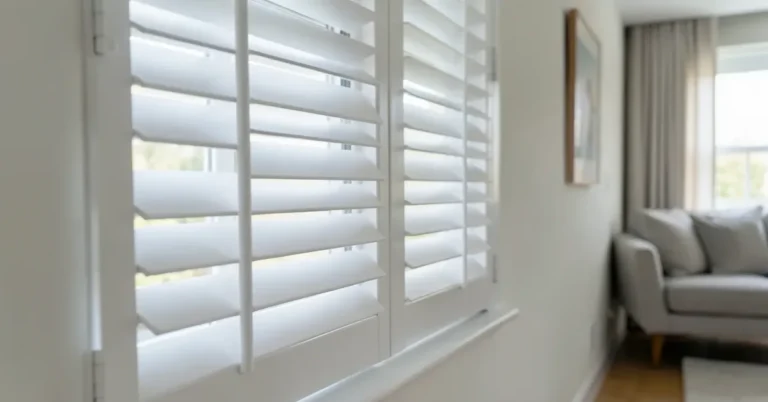 White painted MDF plantation shutters installed on an interior window in a living room