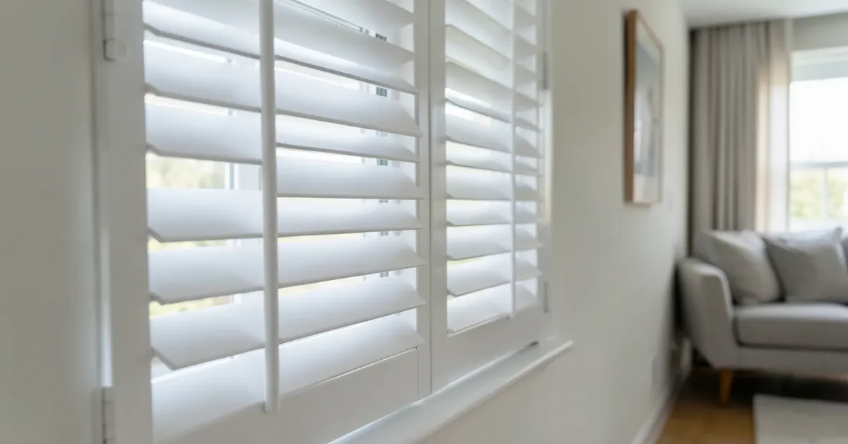 White painted MDF plantation shutters installed on an interior window in a living room