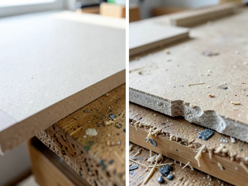 Close-up comparison of a smooth cut MDF edge next to a chipped rough MDF edge