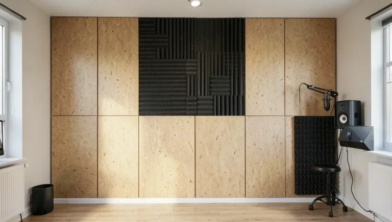 MDF panels and acoustic foam in a home studio wall