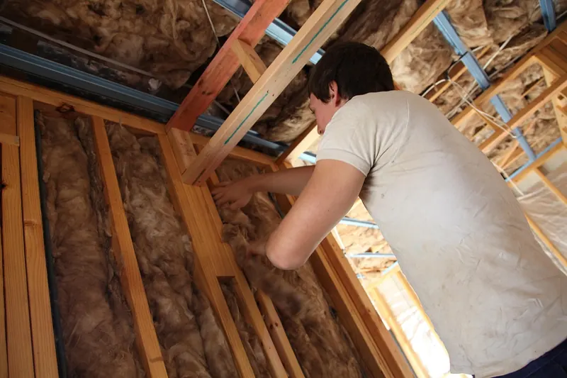 Worker pressing fibrous insulation batts into wood stud bays of a wall frame