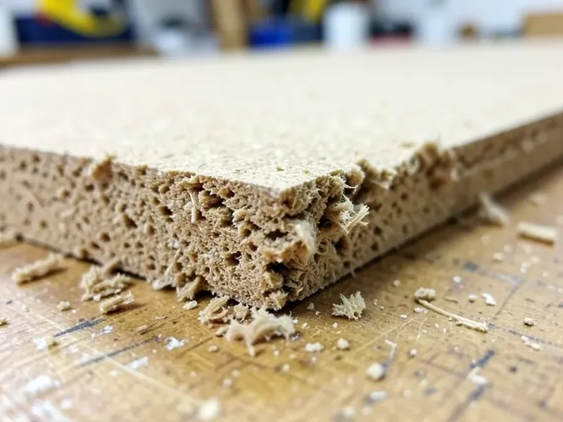 Close-up of a swollen, crumbling MDF board edge damaged by moisture