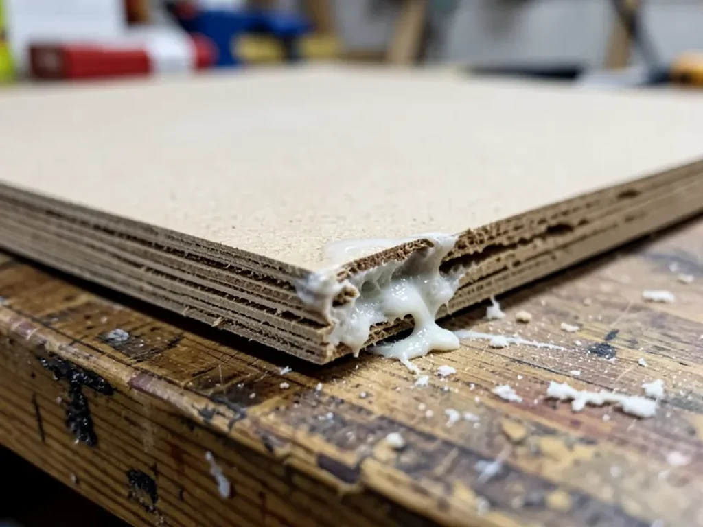 Close-up of a swollen, crumbling MDF board edge from water damage