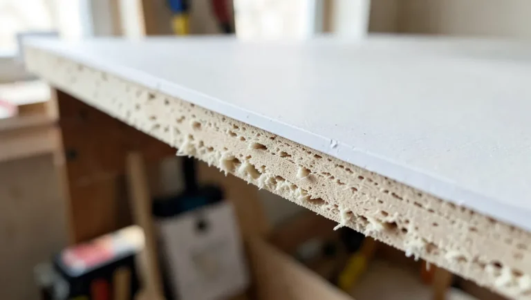 Close-up of an MDF board with peeling paint and a swollen unprimed cut edge