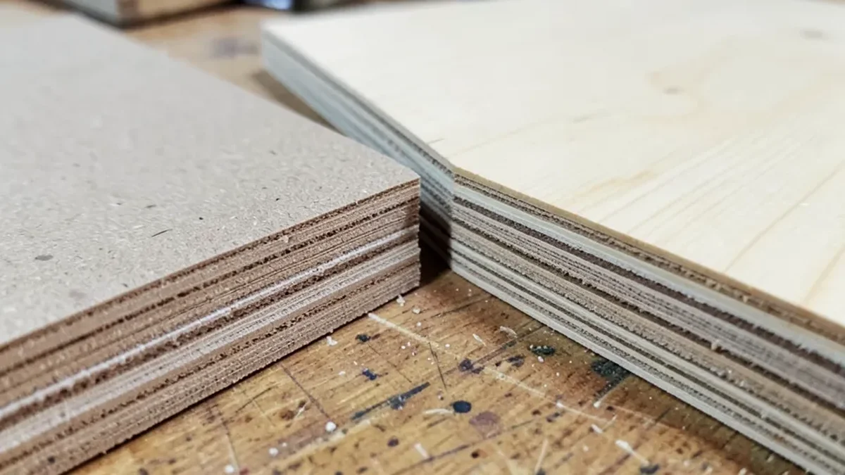 MDF fiberboard edge next to plywood showing the layered veneer construction
