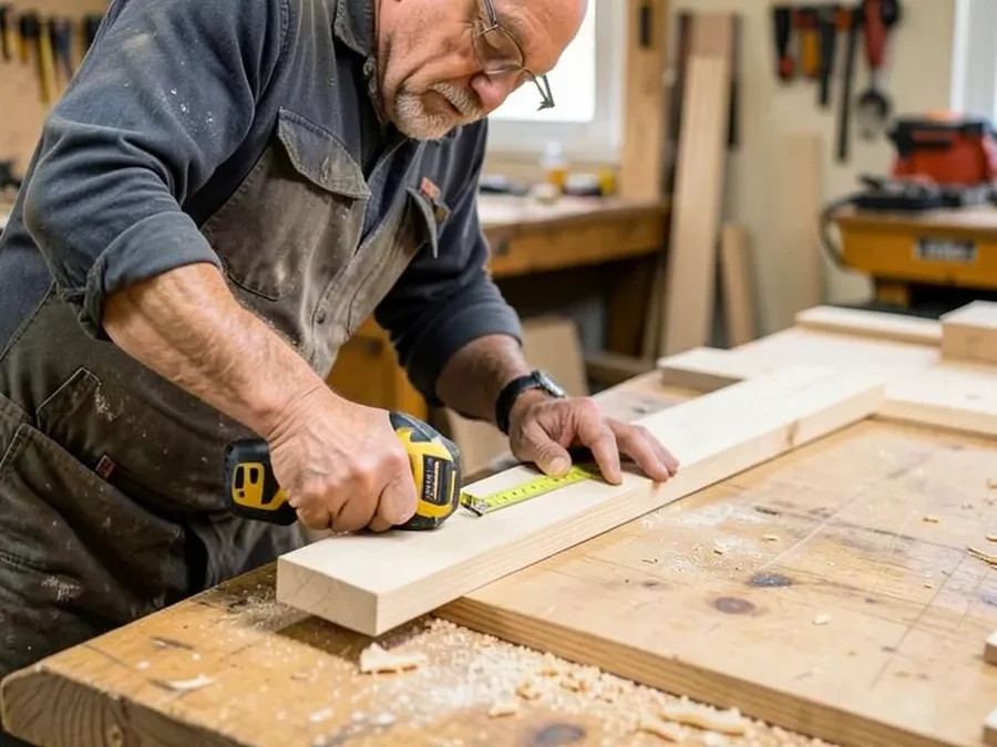 Person measuring a wood board with a tape measure on a workbench