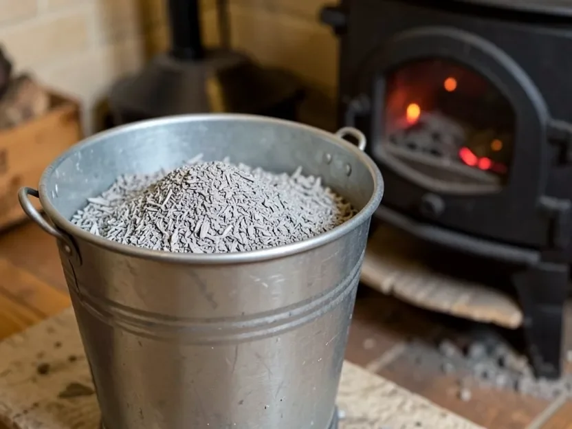 Metal bucket of cooled wood ash collected from a wood stove