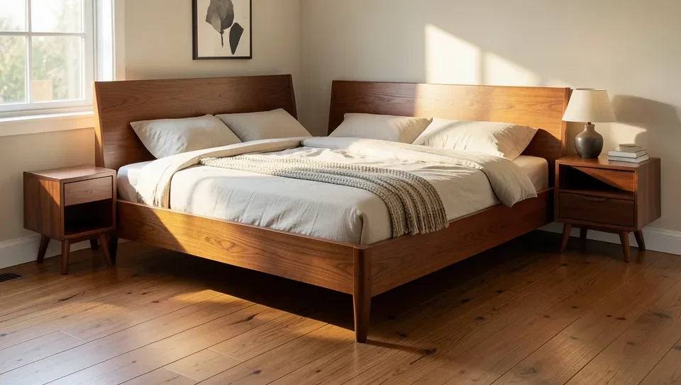 Mid-century modern teak bed frame on wide-plank medium-tone hardwood bedroom floor