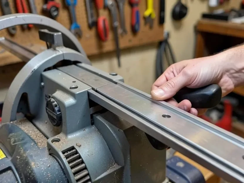 Close-up of a miter saw sliding rail mechanism with a hand on the handle