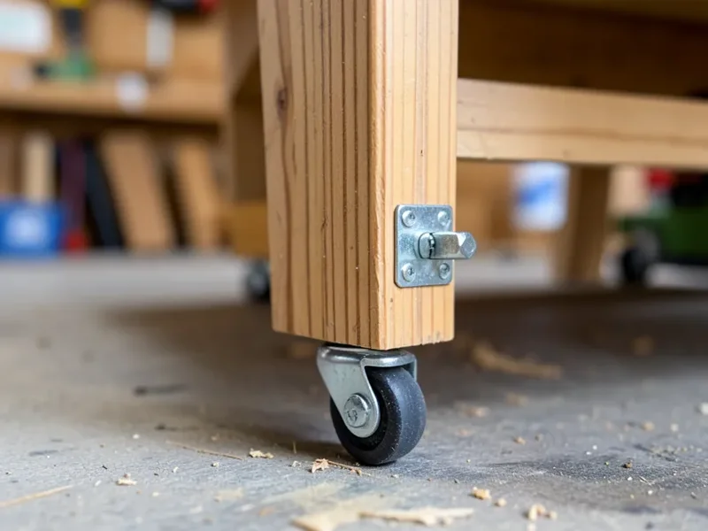 Close-up of a folding hinge and locking caster on a wooden outfeed table leg
