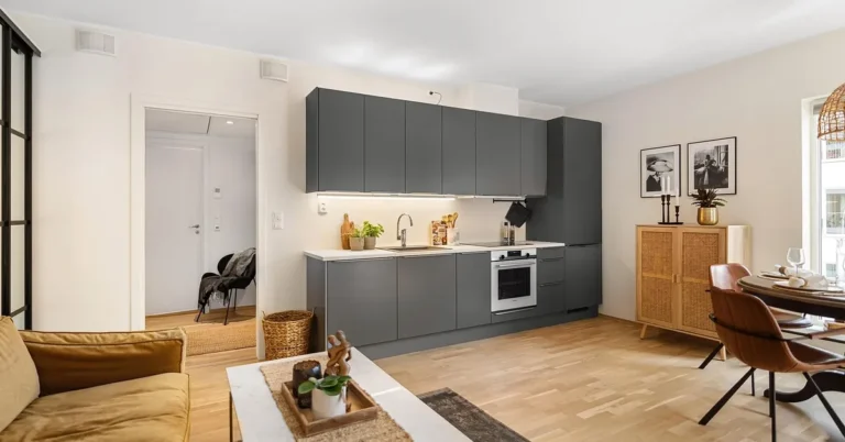 Grey painted MDF kitchen cabinets in a modern kitchen