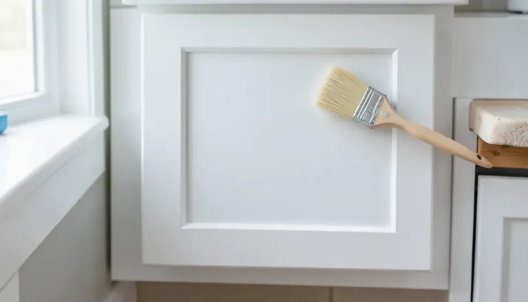 Freshly painted white MDF cabinet door with a paintbrush