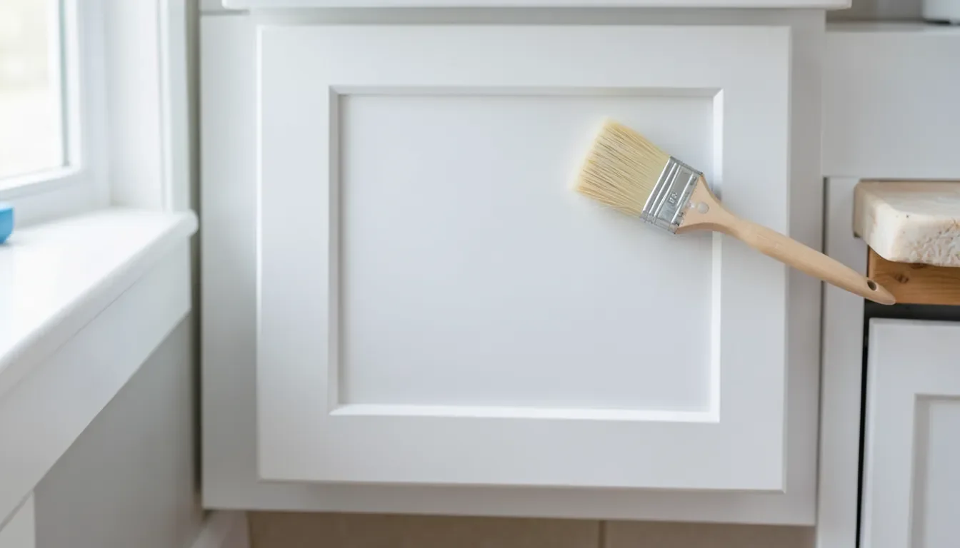 Freshly painted white MDF cabinet door with a paintbrush