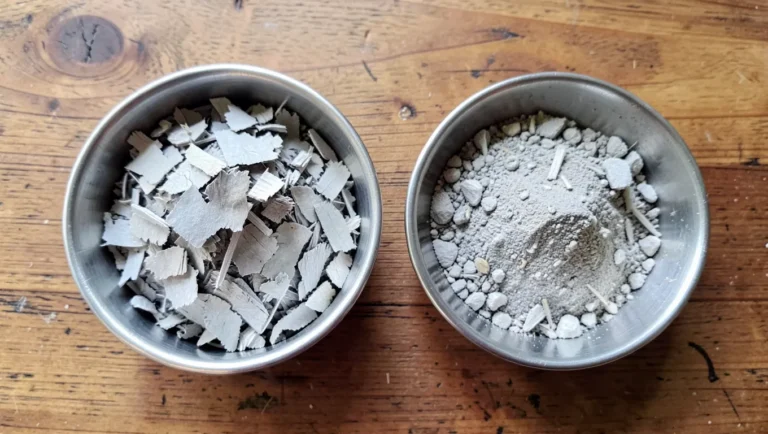 Bowl of fine paper ash next to a bowl of coarser wood ash for comparison
