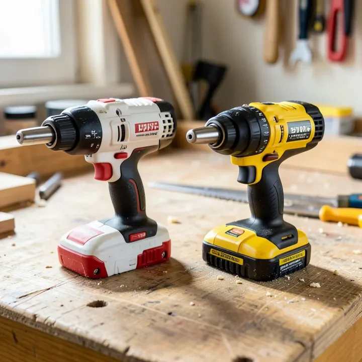 Two cordless drills of different brands side by side on a workbench for comparison
