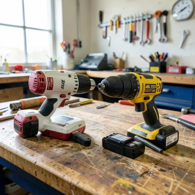Two cordless power drill brands compared side by side on a workbench