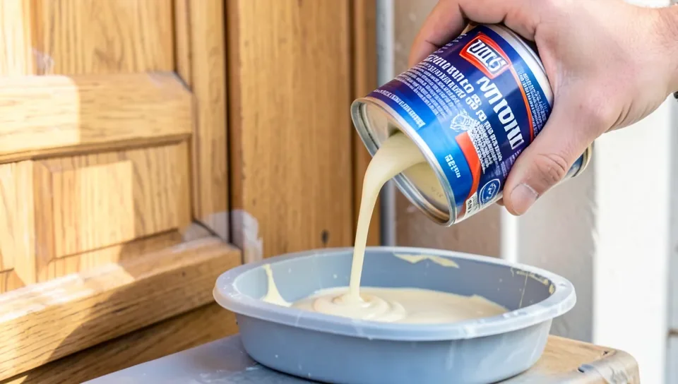 Pouring primer into a tray to paint a wood cabinet door