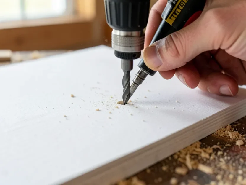 Pre-drilling a pilot hole into MDF with a countersink bit before driving a screw