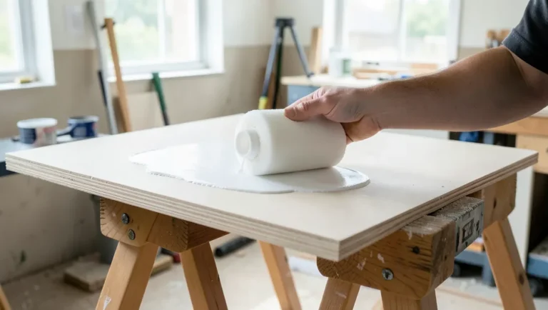 A foam roller applies primer evenly across a flat MDF panel