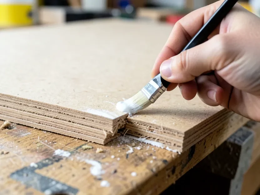 Brushing primer onto the raw cut edge of an MDF board before painting