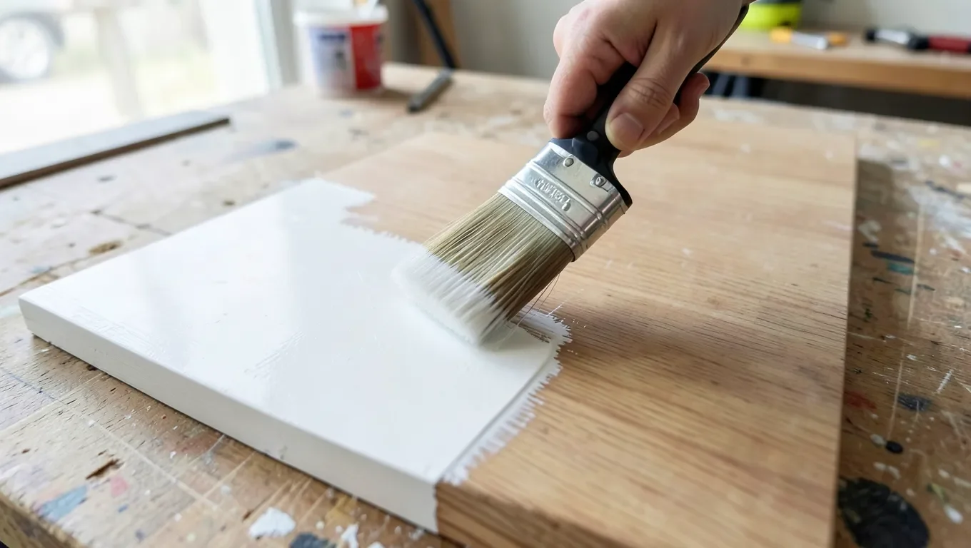 Applying white primer to a solid wood board
