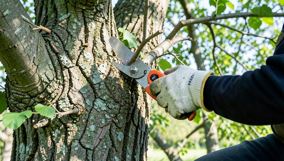 Arborist using a pruning saw to remove a dead branch from an infested ash tree