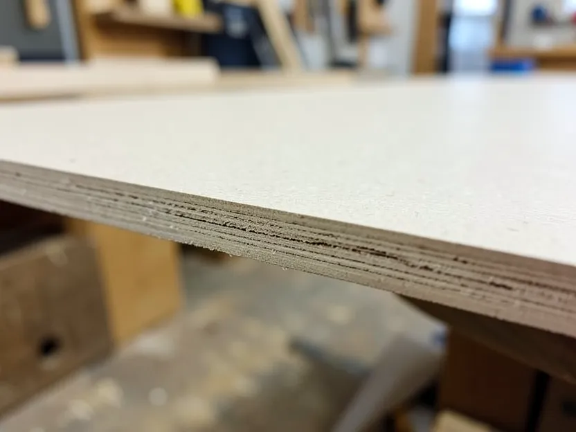 Close-up of raw MDF board edge and surface texture in a woodworking shop
