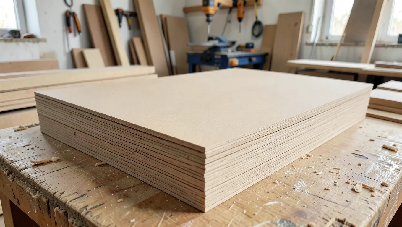 Stack of raw MDF sheets with smooth uniform edges in a woodworking shop