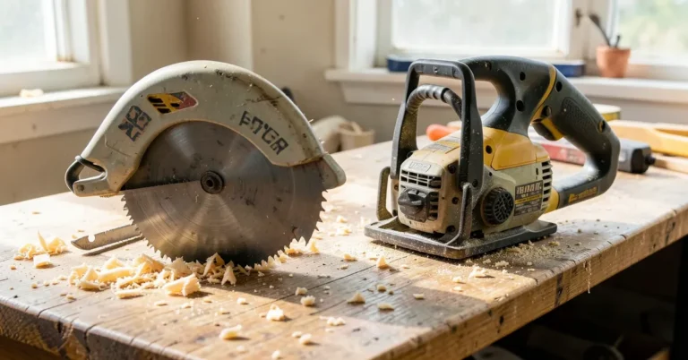 Reciprocating saw and circular saw side by side on a workbench