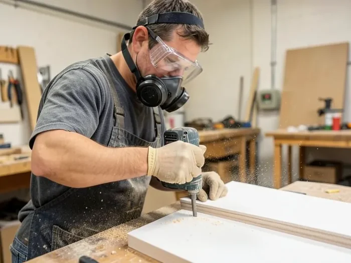Woodworker wearing a respirator and safety glasses while routing an MDF panel edge