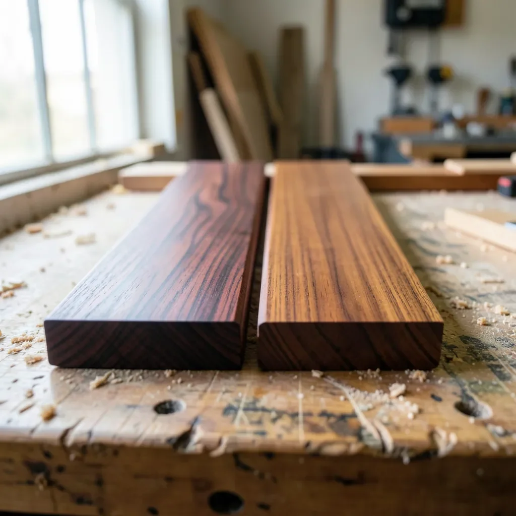 Rosewood and mahogany boards side by side showing grain and color contrast