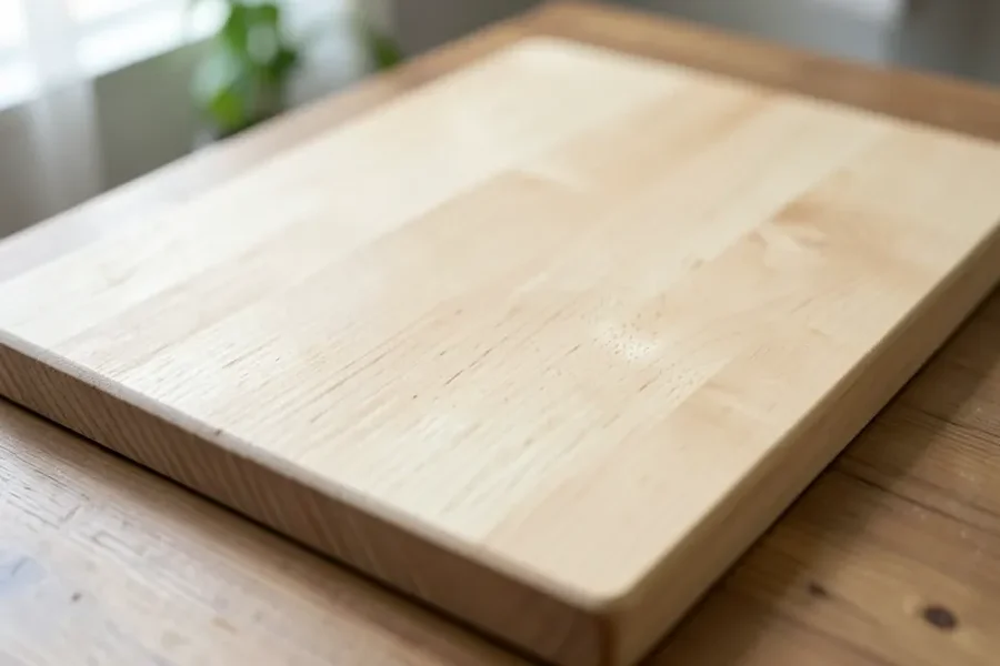 Close-up of pale rubberwood cutting board with straight, even grain