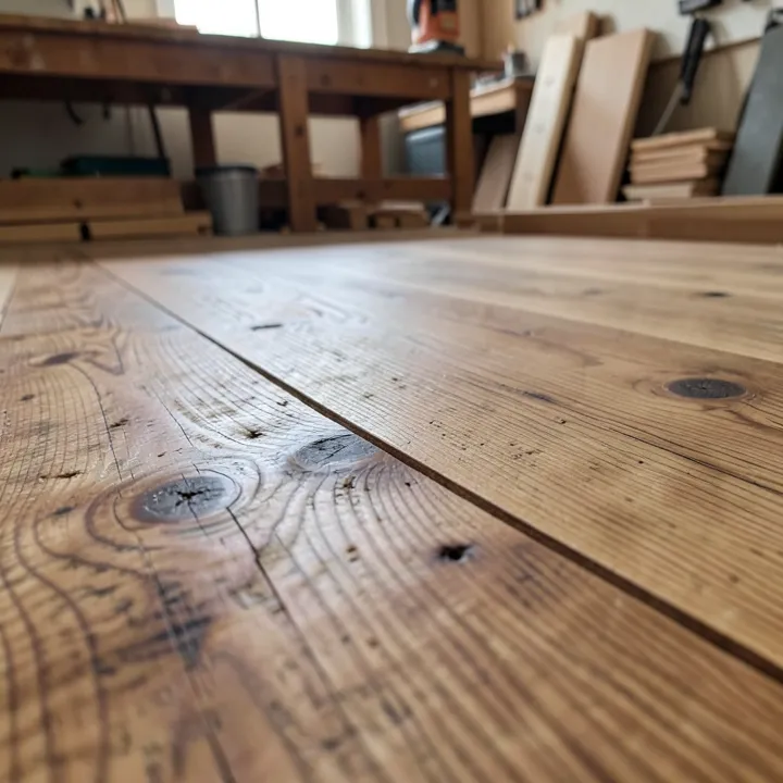 Close-up of rustic wide plank hardwood flooring showing knots and natural color variation Close-up of rustic wide plank hardwood flooring showing knots and natural color variation