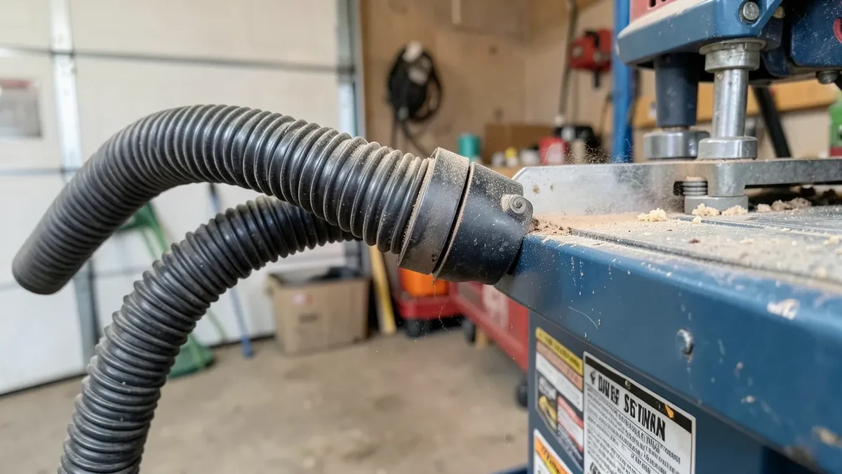 Jobsite table saw connected to a shop vacuum hose for dust collection