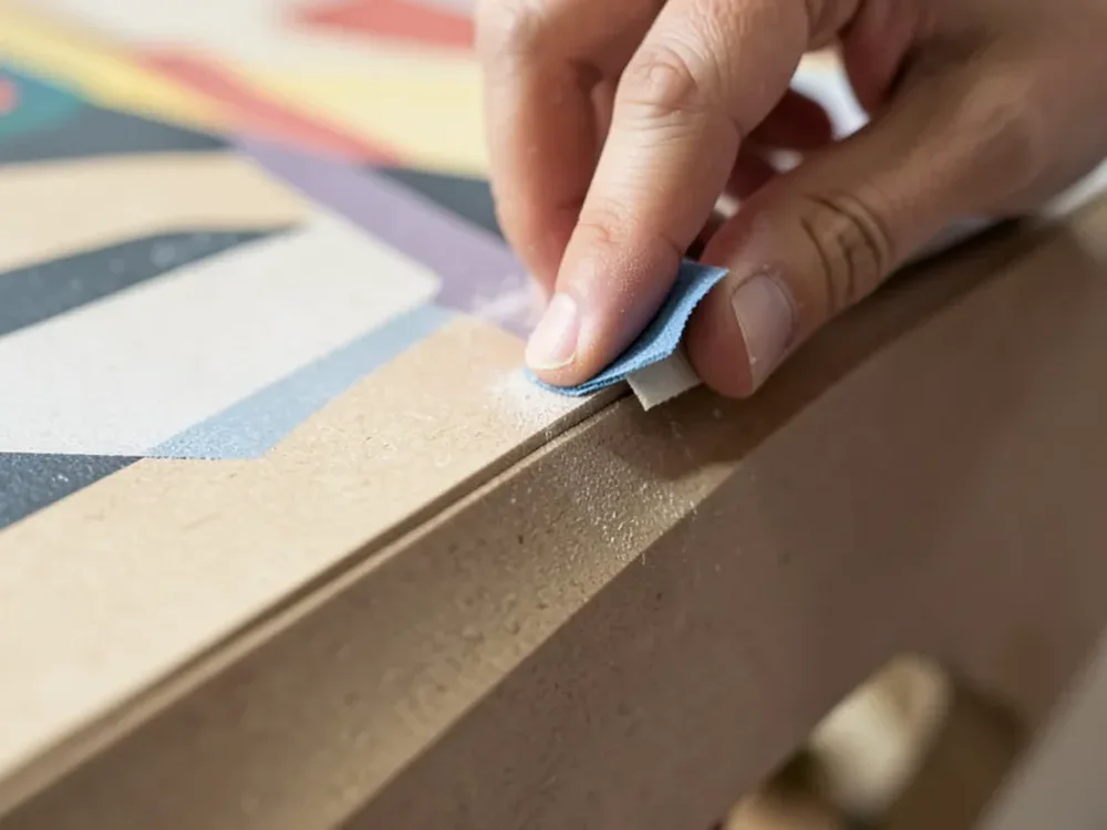 Close-up of sanding the edge of an MDF art panel with fine sandpaper