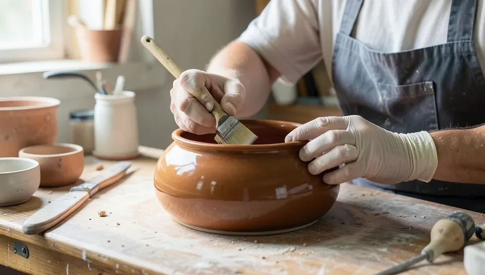 Brushing a thin coat of glaze onto unfired pottery