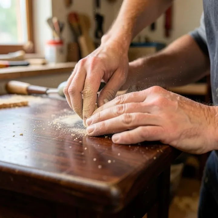Sanding a hardwood tabletop Woodworker hand-sanding a finished dark hardwood tabletop in a home workshop