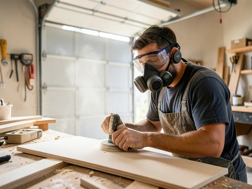 Woodworker wearing a half-mask respirator and safety goggles while sanding MDF in a ventilated garage workshop