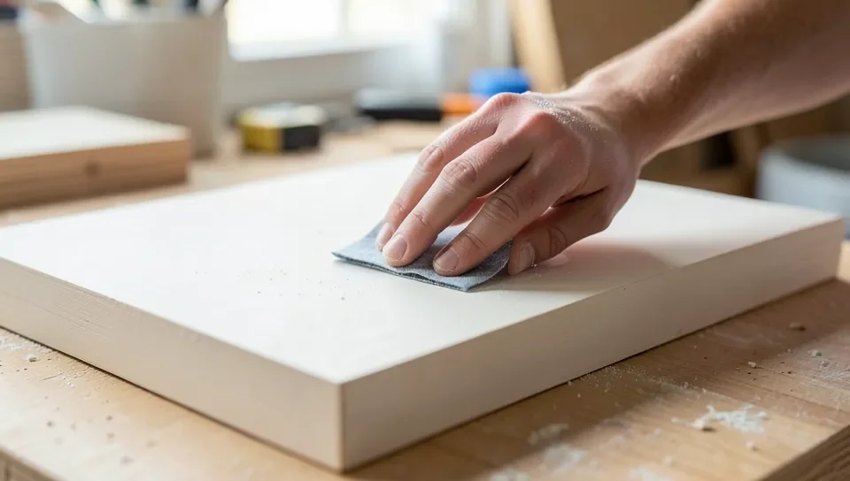 Sanding a primed MDF board lightly between coats