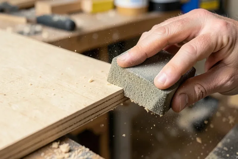 Sanding the raw cut edge of an MDF board with a sanding block