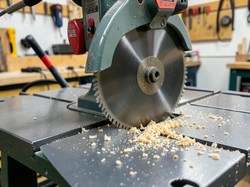 Close-up of a table saw blade and guard, illustrating where a flesh-detection safety brake engages