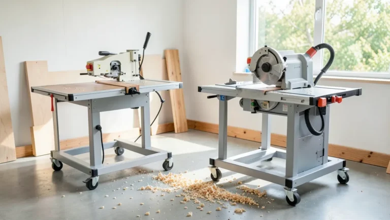 SawStop compact benchtop table saw next to a SawStop jobsite table saw on a mobile stand in a home workshop