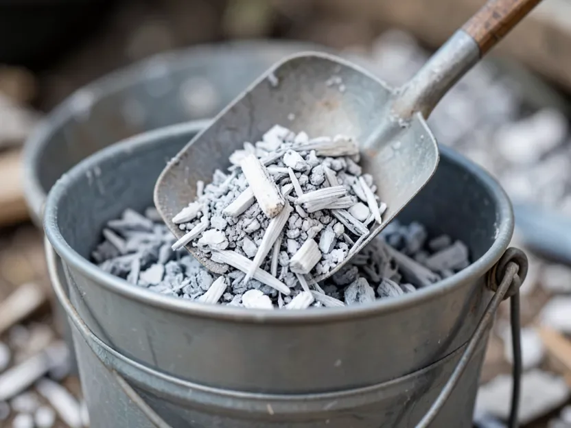Scooping cooled wood ash with a metal shovel into a metal storage bucket