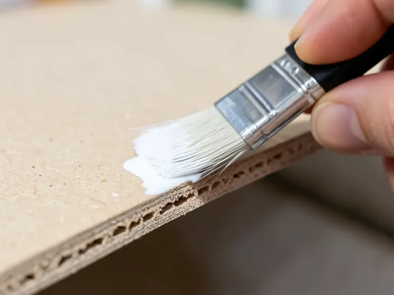 Paintbrush applying primer sealer to the raw edge of an MDF board