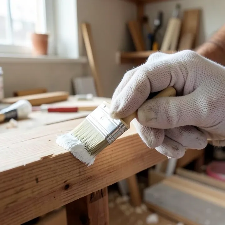 gloved hand applying white primer with a paintbrush to a raw wood plank edge before painting gloved hand applying white primer with a paintbrush to a raw wood plank edge before painting