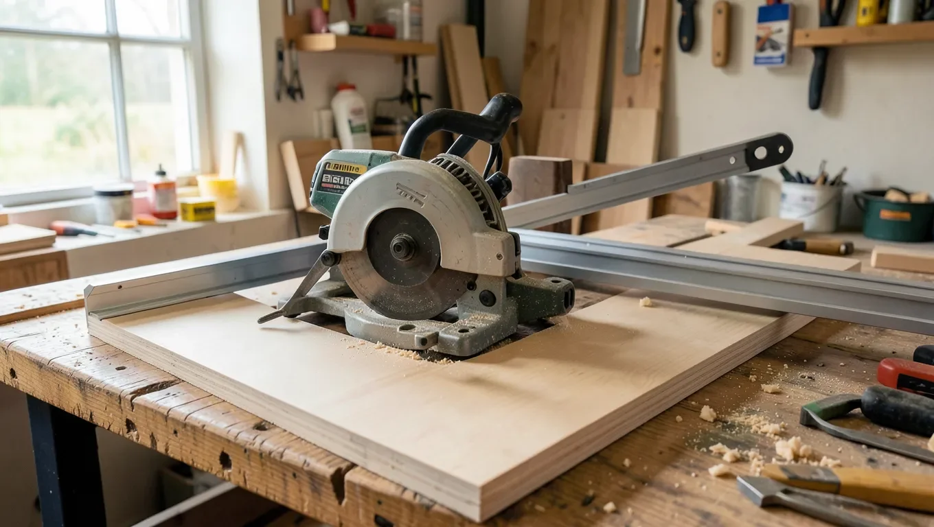 Sliding compound miter saw with rails extended on a workshop bench next to a board