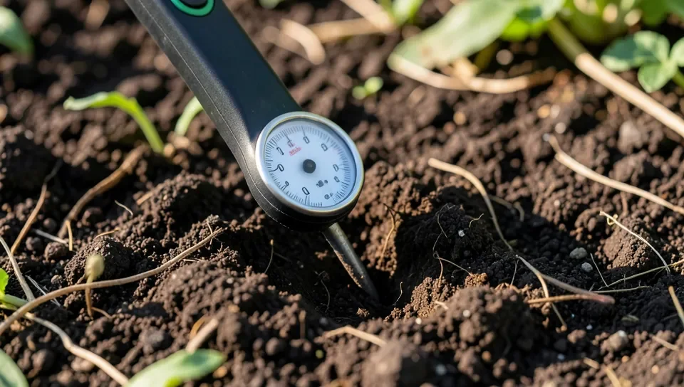 A soil pH meter probe inserted into garden soil
