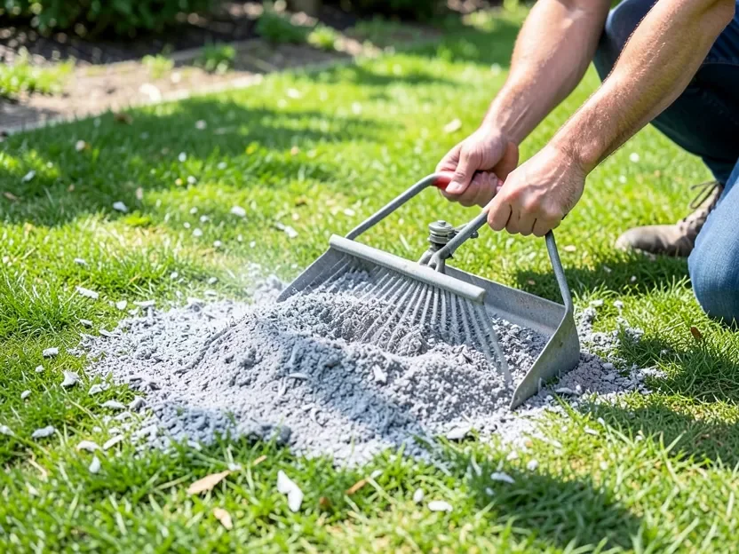 Spreading wood ash evenly across a lawn with a hand spreader