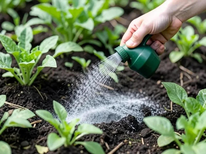 Gardener sprinkling a thin layer of wood ash over garden soil
