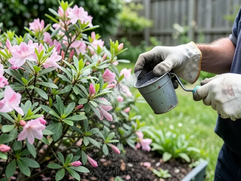 Gardener in gloves sprinkling wood ash near an azalea shrub, an acid-loving plant that should never get wood ash